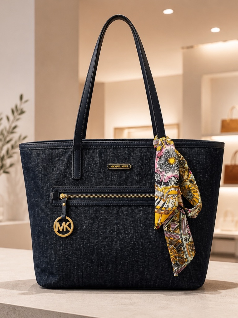Michael Kors Dark Denim Tote with Multicolor Scarf Accent